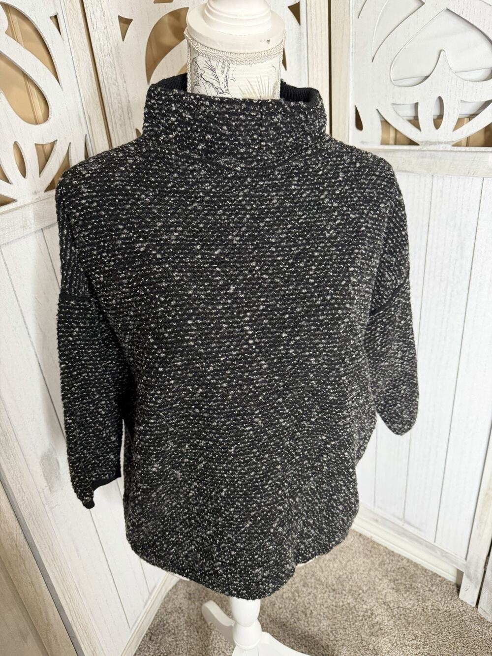 Max Mara Black White High Neck Classy 3/4 Sleeve Sweater Knit Top Size Large